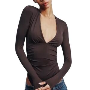 New Zara Ruched Polymide Bodysuit Brown Balletcore Sexy Layer Small Basics Top